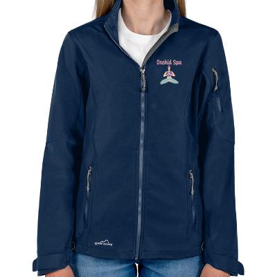 Full Color imprinted dark blue ladies jacket.