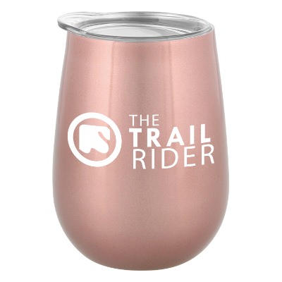 Rose gold wine glass with custom logo.