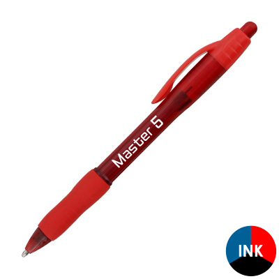 Red plastic pen with a personalized logo.