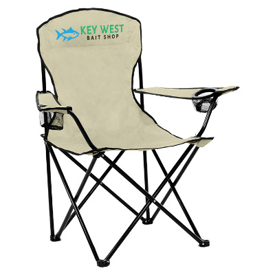 Khaki polyester chair with a custom imprint.