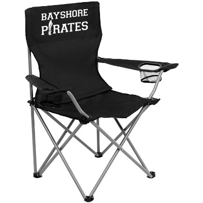 Black polyester folding chair with a custom imprint.