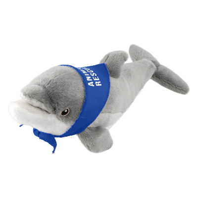 Plush and cotton dolphin with a blue bandana with a custom imprint.