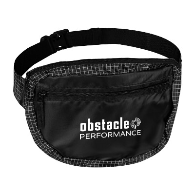 Grid fanny pack with personalized imprint.
