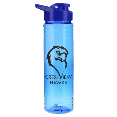 Plastic blue sports bottle with snap lid and custom branding in 24 oz.