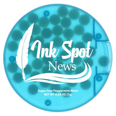 Branded translucent teal round credit card mints.