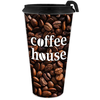 Plastic neon blue tumbler with full-color promotions in 16 ounces.