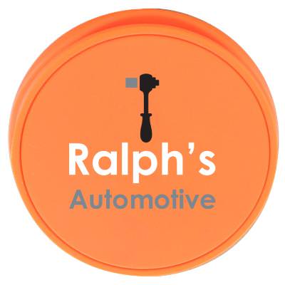 Plastic orange phone grip with a full color personalized imprint.