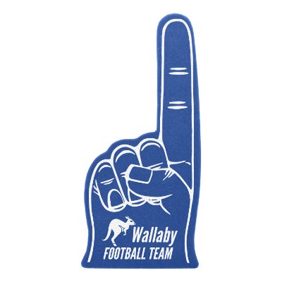 Blue foam finger with a branded logo.