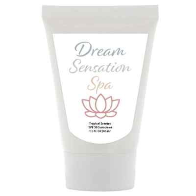 Plastic white sunscreen lotion with a personalized logo.