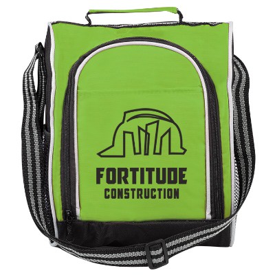 Polyester and nylon lime green lunch cooler with branded logo.