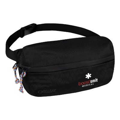 Personalized black fanny pack with zipper and custom imprint.