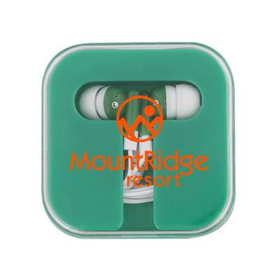 Plastic green earbuds with compact case with personalized logo.