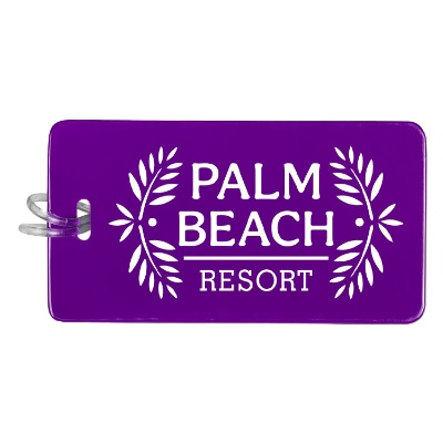 Purple custom luggage tag with clear strap.