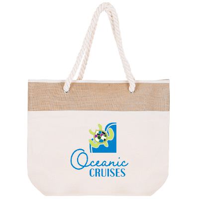 Cotton canvas natural beige rope tote with printed full color logo.