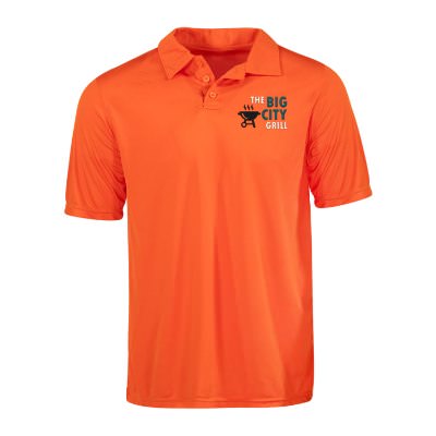 Orange polo with custom embroidered logo.