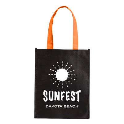 Non-woven polypropylene black and orange petite tote with imprint.