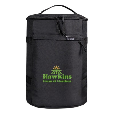 Black backpack cooler with embroidered logo.