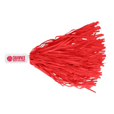 Red plastic pom pom with a personalized logo.