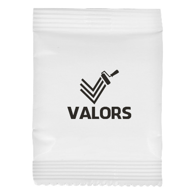 White plastic drink mix pack with a custom logo.