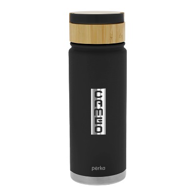 Stainless black sports bottle with custom engraved logo.