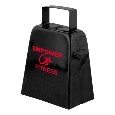 Black metal cowbell with a branded logo.