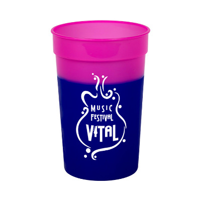Plastic blue to purple color changing stadium cup with printed logo in 22 ounces.