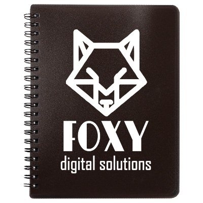 Logo on a black hard cover notebook with a zippered pouch.