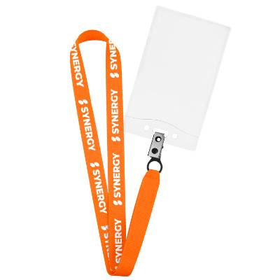 3/4 inch neon pink grosgrain polyester custom lanyard with fixed bulldog clip and event badge.