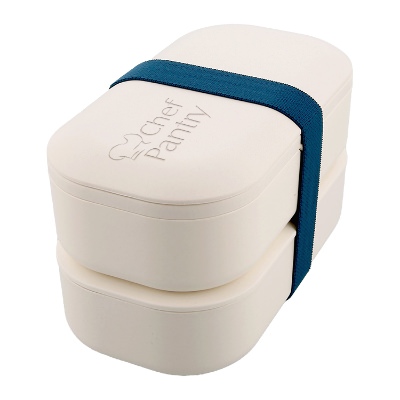 Plastic and wood and silicone natural bento box with laser engraved personalized imprint.