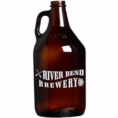Glass amber brown growler with custom logo in 64 ounces.