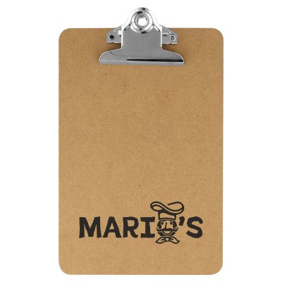 Wooden clipboard with a custom logo.