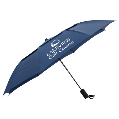 Navy vented auto open folding umbrella with personalized imprint.