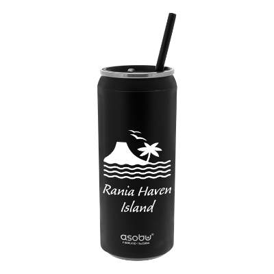 Stainless teal can cooler with custom logo.