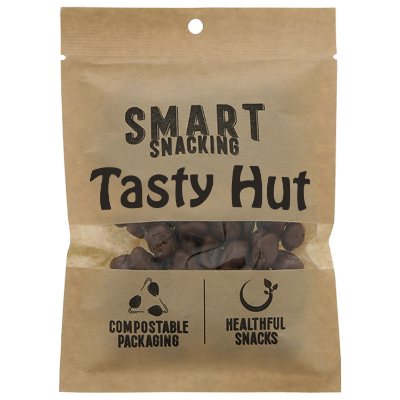 Branded milkchocolate raisins in natural compostable kraft pouch.