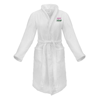 White polyester robe with custom embroidered imprint.