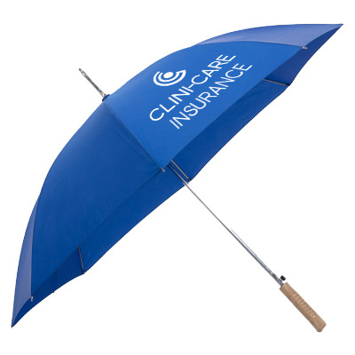 Blue stick umbrella with custom imprint.