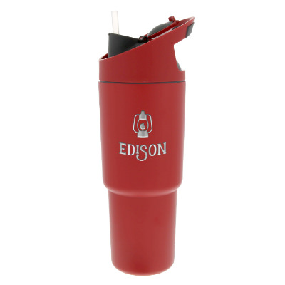 Stainless steel red water bottle with custom engraved logo in 32 oz.