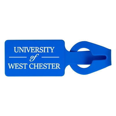 Blue luggage tag with personalized imprint.