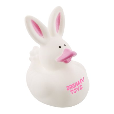Plastic white rubber duck with a custom imprint.