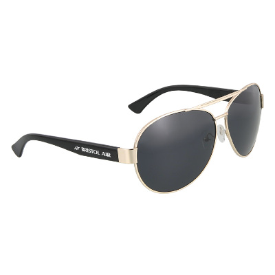 Black with gold plastic sunglasses with a branded logo.