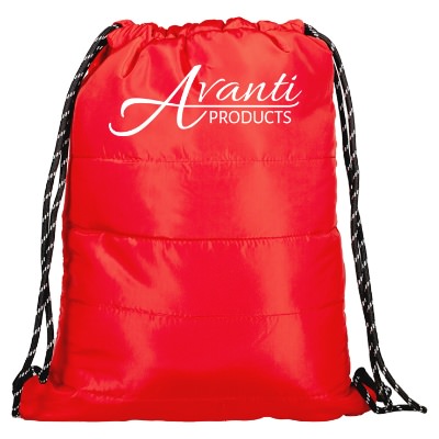 Red puffer drawstring bag with custom imprint.