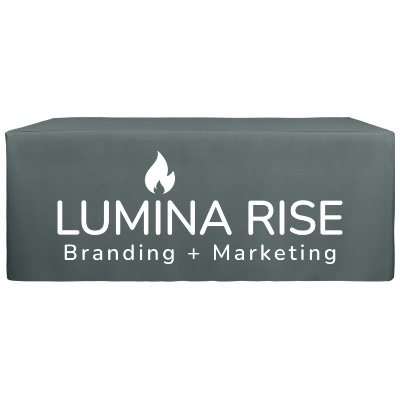 6 foot fitted polyester table cover with one-color custom imprint on front.