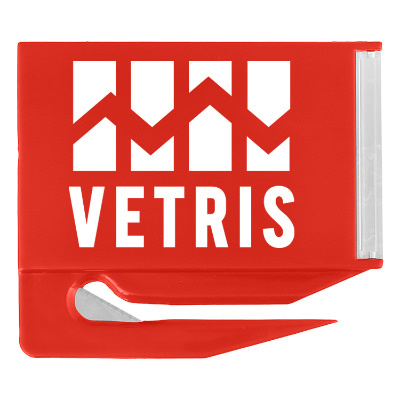 Red plastic letter opener with a branded logo.