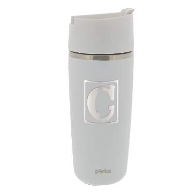 White coffee press with engraved logo.