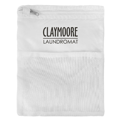 White polyester and mesh laundry bag with a branded logo.