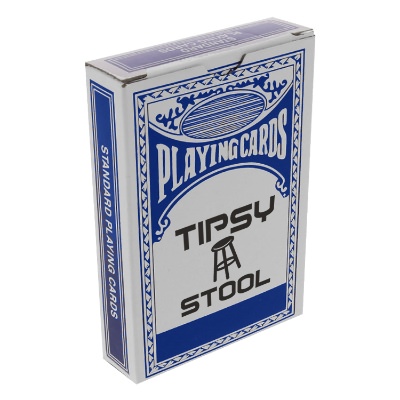 Blue paper playing cards with a personalized imprint.