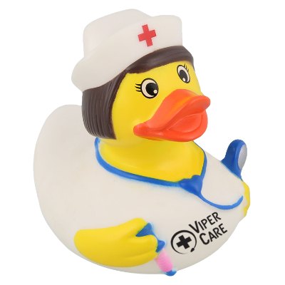 Plastic yellow branded rubber duck.
