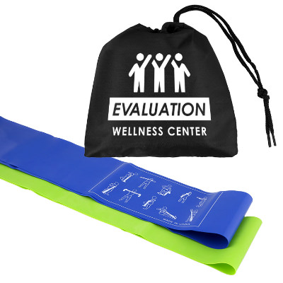 Multi-colored fitness bands with custom imprint on pouch.