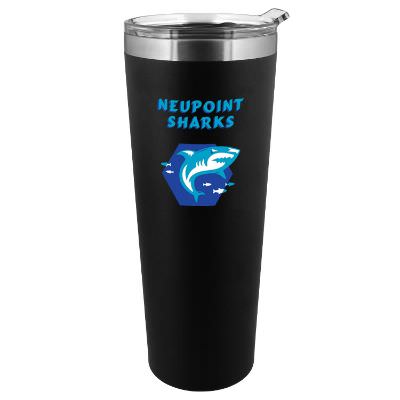 Black tumbler with a full color logo.