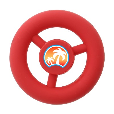 Red plastic fidget spinner with a personalized logo.